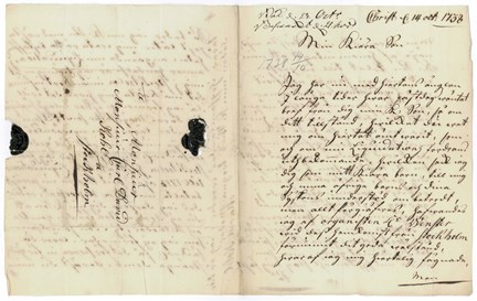 Ilsket brev från Maria Kohl till sonen Carl David i Stockholm 1738.