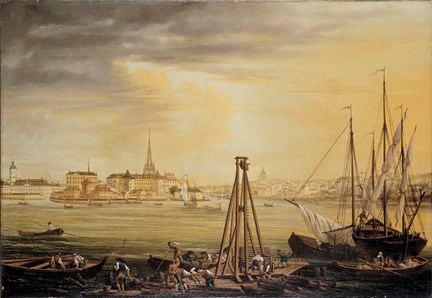 Oljemålning med stockholmsvy: Riddarholmen, Riddarhuset och Södermalm