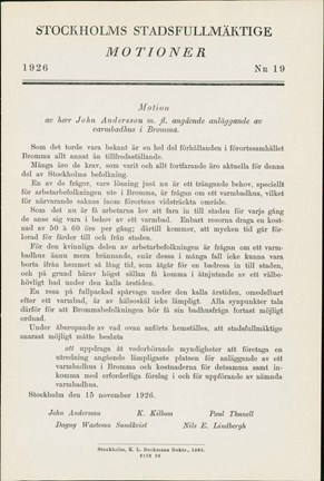 Motion till Stockholms stadsfullmäktige angående varmbadhus i Bromma 1926