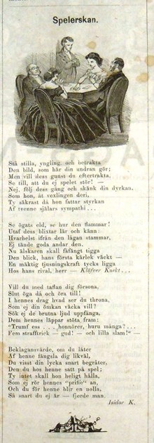 Spelerskan. Illustrerad satirisk dikt om kortspelande kvinnor i Söndags-Nisse – Illustreradt Veckoblad för Skämt, Humor och Satir, nr 6, den 11 februari 1866