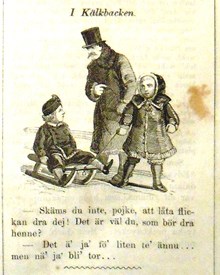 I kälkbacken. Bildskämt i Söndags-Nisse – Illustreradt Veckoblad för Skämt, Humor och Satir, nr 12, den 25 mars 1866