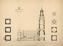 Ritning "Stockholms stadshus. Längdsektion genom Östra längan. Planer av tornet." (uppmätningsritning 1923)