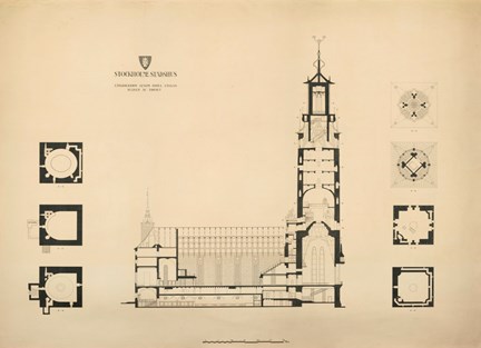 Ritning i stort format av stadshuset, längdsektion genom Östra längan och planer av tornet, i tusch på gulnat papper