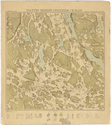 Tryck i gärg, med skog i grönt, vatten i blått och förklaring med bilder över symboler och streckningar under kartbilden.