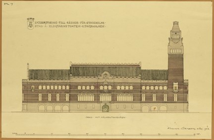 Fasadritning av rådhusbyggnad i tusch och akvarell i brunrött