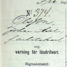 F.d. arbetskarlen Johan Axel Olsson, 32, varnad för lösdriveri 27 juni 1890 - förhörsprotokoll
