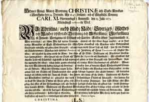 Kunglig förordning undertecknad av drottning Kristina.