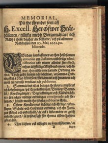 Memorial, på the ärender som aff h. excell. her öfwer ståthållaren, tillijka medh borgemästare och rådh i thesse daghar äre beslutne, och på allmenne rådstufwu den 10. maij 1661. publicerade.