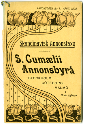 Svart text på gul botten med information om skandinavisk annonstaxa från S. Gumaeli annonsbyrå 1898. 