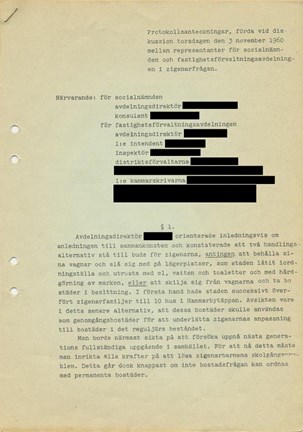 Protokoll från möte 1960 mellan socialnämnden och fastighetsförvaltningen.