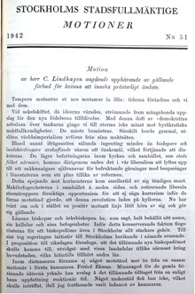 Motion om att upphäva förbudet mot kvinnliga präster - stadsfullmäktige 1942