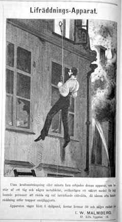 Tecknad, svartvit bild ur tidningsannons där en man firar sig ned från ett brinnande hus i en räddningssele.