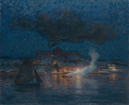 Prins Eugens målning föreställer utsikten från Waldemarsudde söderut mot oljefabriken på Henriksborg vid Danviken. 