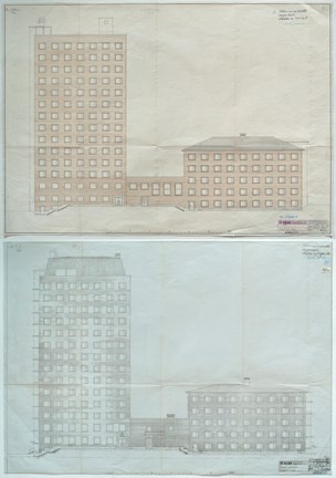 Bild med två ritningar: Fasad mot öster från 1942 respektive 1944. Höghuset avslutas tvärt efter 14:e våningen på den äldre ritningen överst, men har fått en indragen vindsvåning på den undre ritningen från 1944.