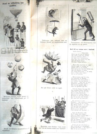 Hvad en luftballong kan medföra. Bildskämt om luftballonguppstigning i samband med Stockholmsutställningen 1866 i Söndags-Nisse – Illustreradt Veckoblad för Skämt, Humor och Satir, nr 32, den 5 augusti 1866