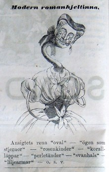 Modern romanhjeltinna. Bildskämt i Söndags-Nisse – Illustreradt Veckoblad för Skämt, Humor och Satir, nr 22, den 3 juni 1866