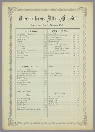 Aftonmatsedel från Operakällaren, 1881