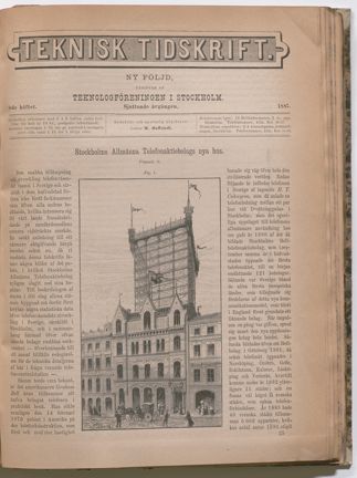 Tryckt artikel med illustration med perspektiv av  huvudfasaden med telefontornet på taket och en spalt text på vardera sida