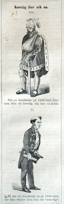 Korståg förr och nu. Bildskämt i Söndags-Nisse – Illustreradt Veckoblad för Skämt, Humor och Satir, nr 3, den 20 januari 1867
