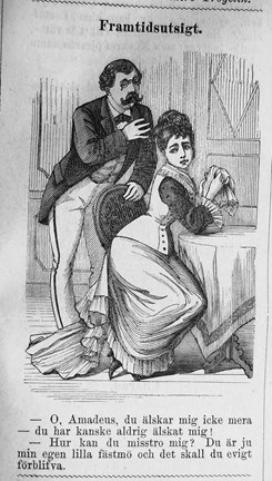 Framtidsutsigt. Bildskämt om man, kvinna och äktenskapet i Söndags-Nisse – Illustreradt Veckoblad för Skämt, Humor och Satir, nr 39, den 29 september 1878