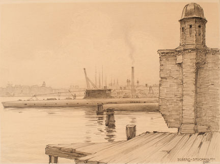 Teckning som visar del av mur vid Galärvarvet samt fartyg i bakgrunden