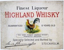 Etikett. Finest Liqueur Highland Whisky. Gustaf Gummesson