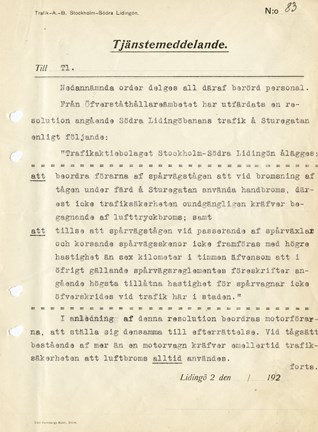 Tjänstemeddelande om beslut att inte använda luftbromsen för Södra Lidingöbanans vagnar på Sturegatan 1926