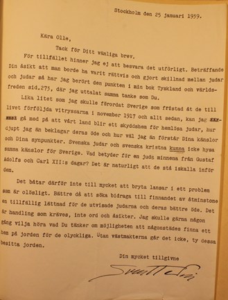 Det sista brevet i brevväxlingen mellan Hedin och Lamm rörande "judefrågan", 1939