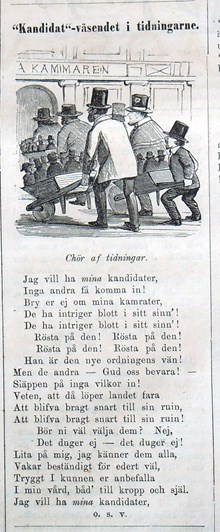 Kandidat-väsendet i tidningarne. Satirisk illustrerad dikt i Söndags-Nisse – Illustreradt Veckoblad för Skämt, Humor och Satir, nr 35, den 26 augusti 1866