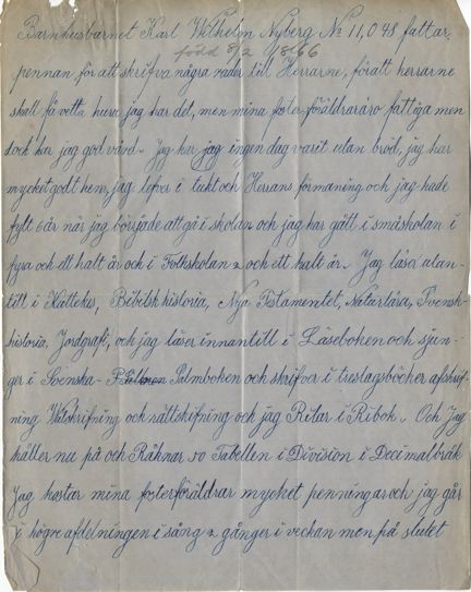 Brev från barnhusbarnet Carl Wilhelm Nyberg som söker efter sin mamma