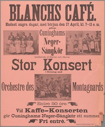 Affisch som gör reklam för en så kallad kaffekonsert på Blanchs café