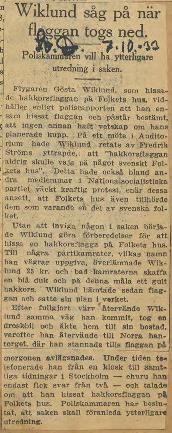 SA-ledaren Wiklund vill hissa hakkorsflagga på Folkets Hus i Stockholm 1933