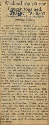 Artikel om vad som hände när hakkorsflaggan hissades på Stockholms Folkets hus, ur Svenska Dagbladet den 7 oktober 1933.