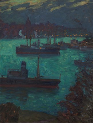 Prins Eugens målning föreställer några ångfartyg som ligger för ankar en stormig kväll i Ryssviken utanför Waldemarsudde.