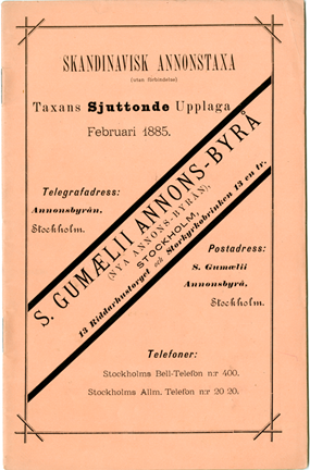 Svart text på beige bakgrund om Skandinavisk annonstaxa från februari 1885. 