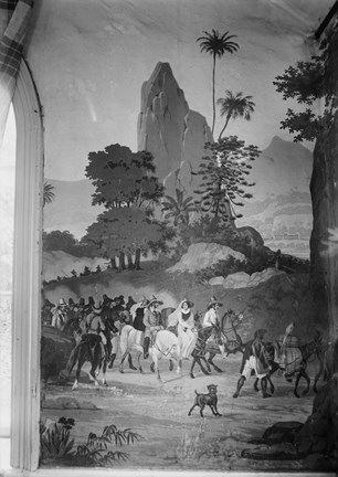 En vägg tapetserad med en fransk tapet med ett motiv från Brasilien. Palmer, ett högt berg, människor till häst och till fots. En hund tittar på.