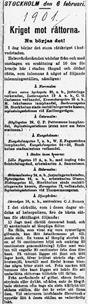 Tidningsklipp om hälsovårdsnämndens krig mot råttorna från den 6:e februari 1901.