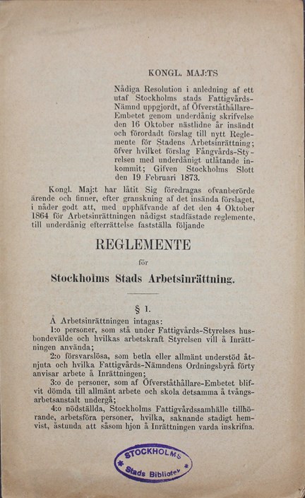 Stockholms stads arbetsinrättning – reglemente 1873 