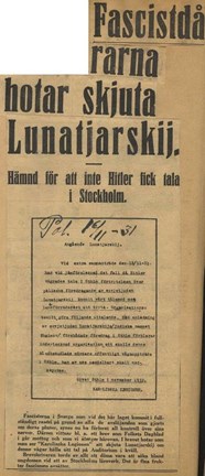 Artikel med fascisternas hot, ur tidningen Politiken den 17 november 1931.
