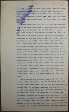 Opinionsmöte för Amaltheabombarnas frigivning - polisrapport 1914.