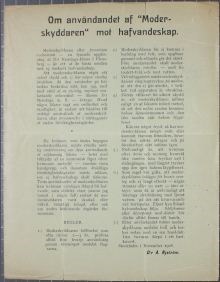Om användandet af "Moderskyddaren" mot hafvandeskap - flygblad 1908