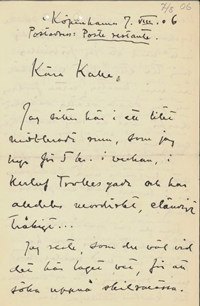 Hjalmar Söderberg ber om hjälp i brev till vännen C G Laurin, 1906