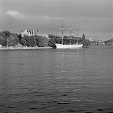 Strömmen sedd mot Skeppsholmen. T.v.  Gamla amiralitetshuset, t.h. segelfartyget af Chapman