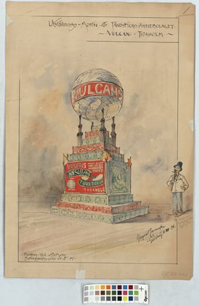 Färglagd skiss, målad på papper. Torn som ser ut som askar med tornspiror som håller upp en jordglob märk Vulcanus samt stående med hatt och cigarr i utkanten av bilden.