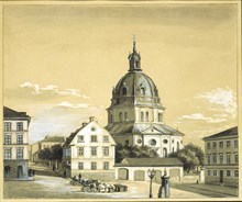 Hedvig Eleonora kyrka jämte det 1883 rivna prästbostället sedda från Östermalmstorg (då Ladugårdslandstorg)
