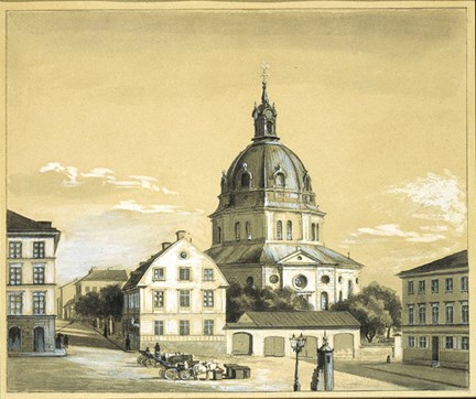 Östermalmstorg (då Ladugårdslandstorg) och Hedvig Eleonora kyrka 1865.