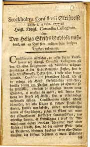 Stockholms consistorii skrifwelse under d. 4 febr. 1777 til högl. kongl. cancellie collegium, om den heliga skrifts gudlösa missbruk, uti en bok som nyligen från Stolpes tryckeri utkommit.
