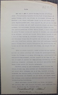 Pastor Vickman lanserar kristna fredsrörelsen Vita hären - polisrapport 1914