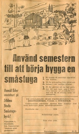 Utklippt gulnad tidningsannons med tecknad bild av barn, kvinna och husbygge samt text