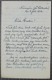 Brev angående bildandet av ett nymalthusianskt sällskap 1922 - från Hjalmar Öhrwall till Anton Nyström